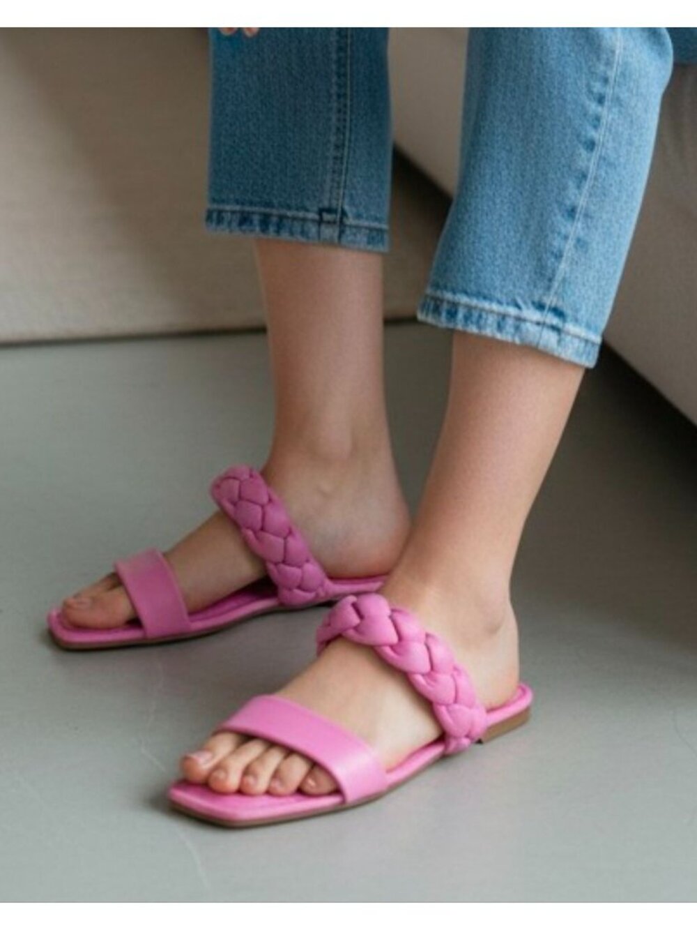 Braided Strap Pink Flat Sandals For Women Comfortable Square Toe Slip-On Design - Picture 7 of 11